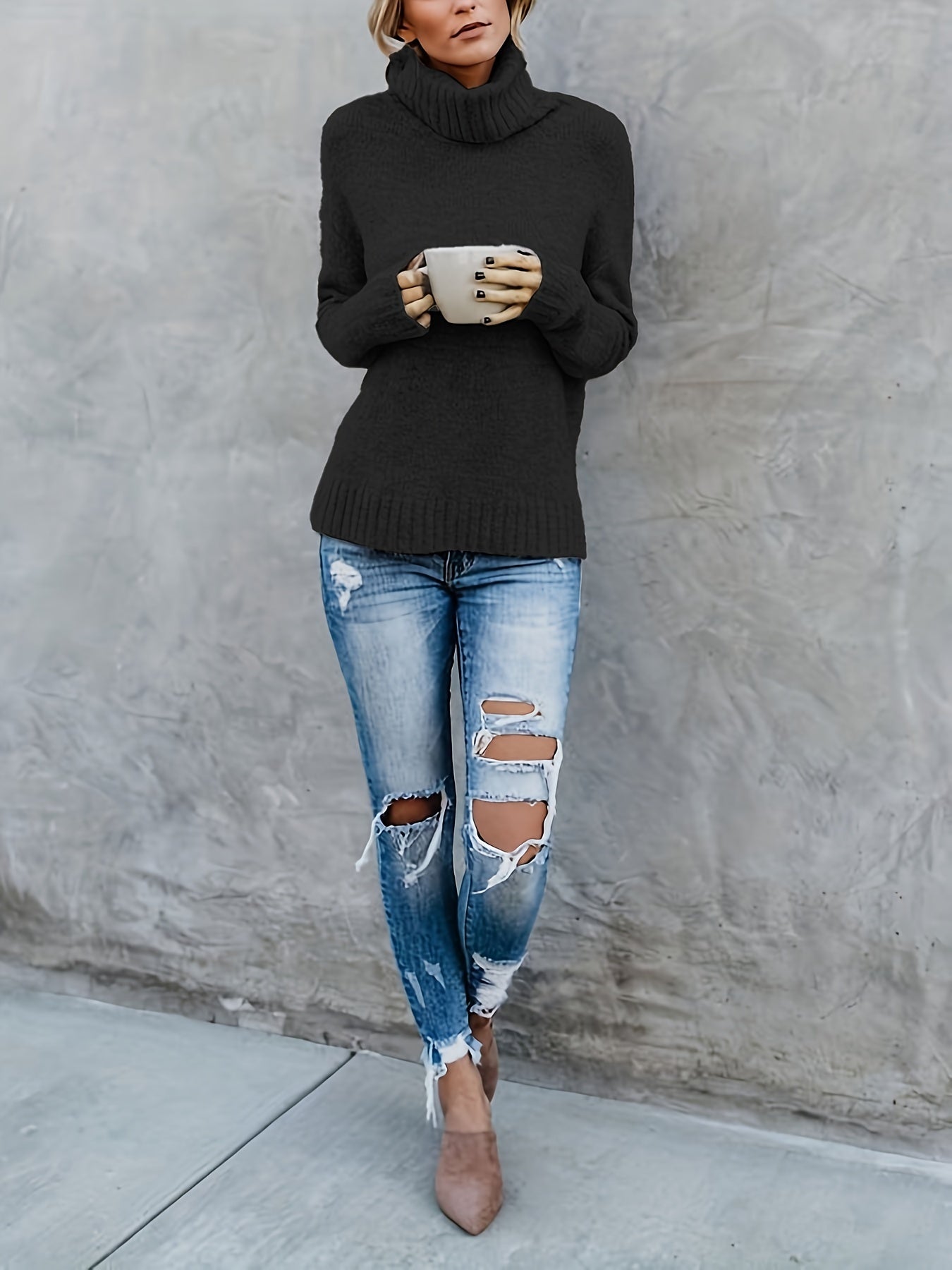 Trui met schildpadhals, Casual Split Sweater met lange mouwen