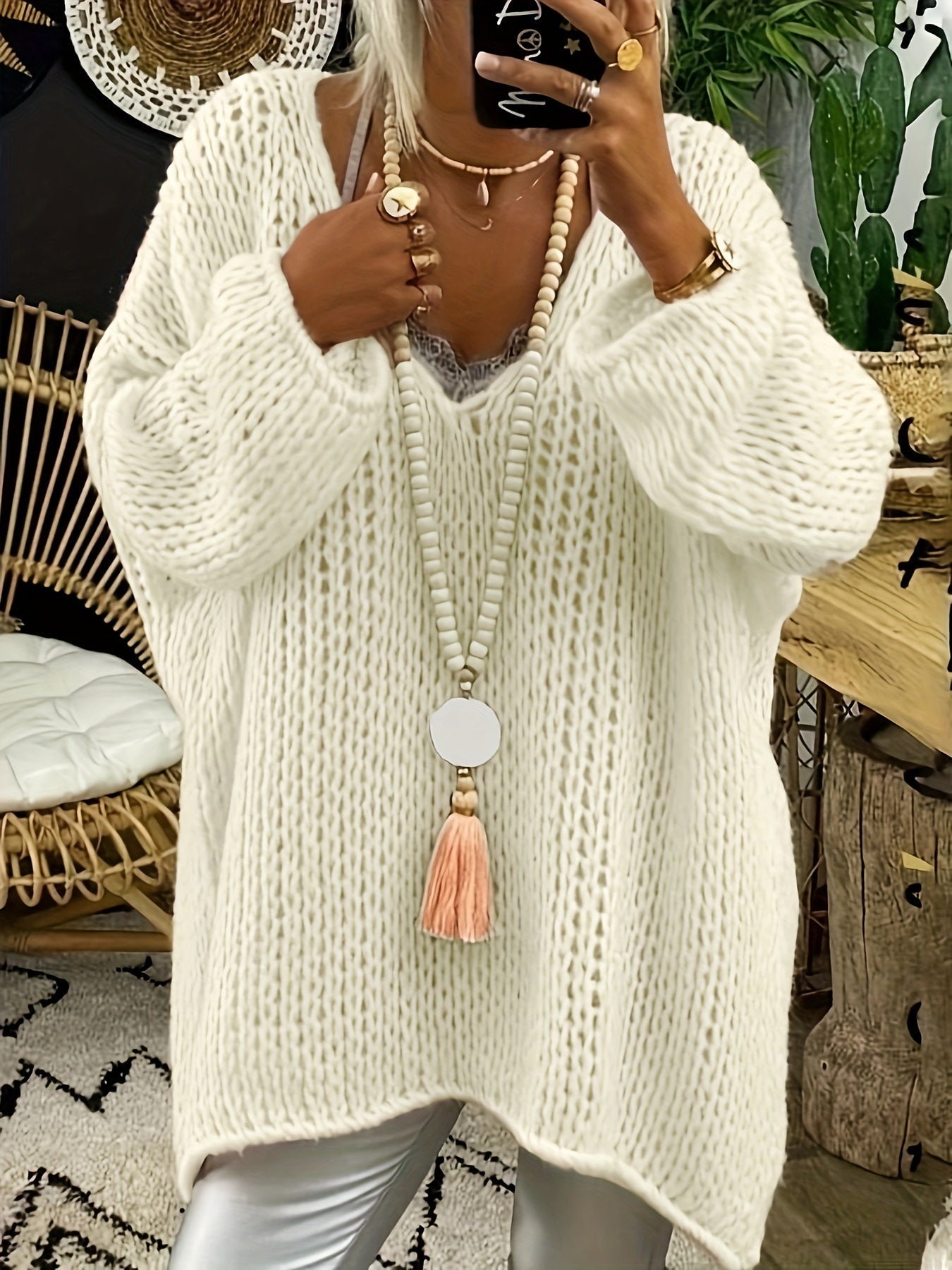 V Hals Pointelle Gebreide Trui Casual Lange Mouwen