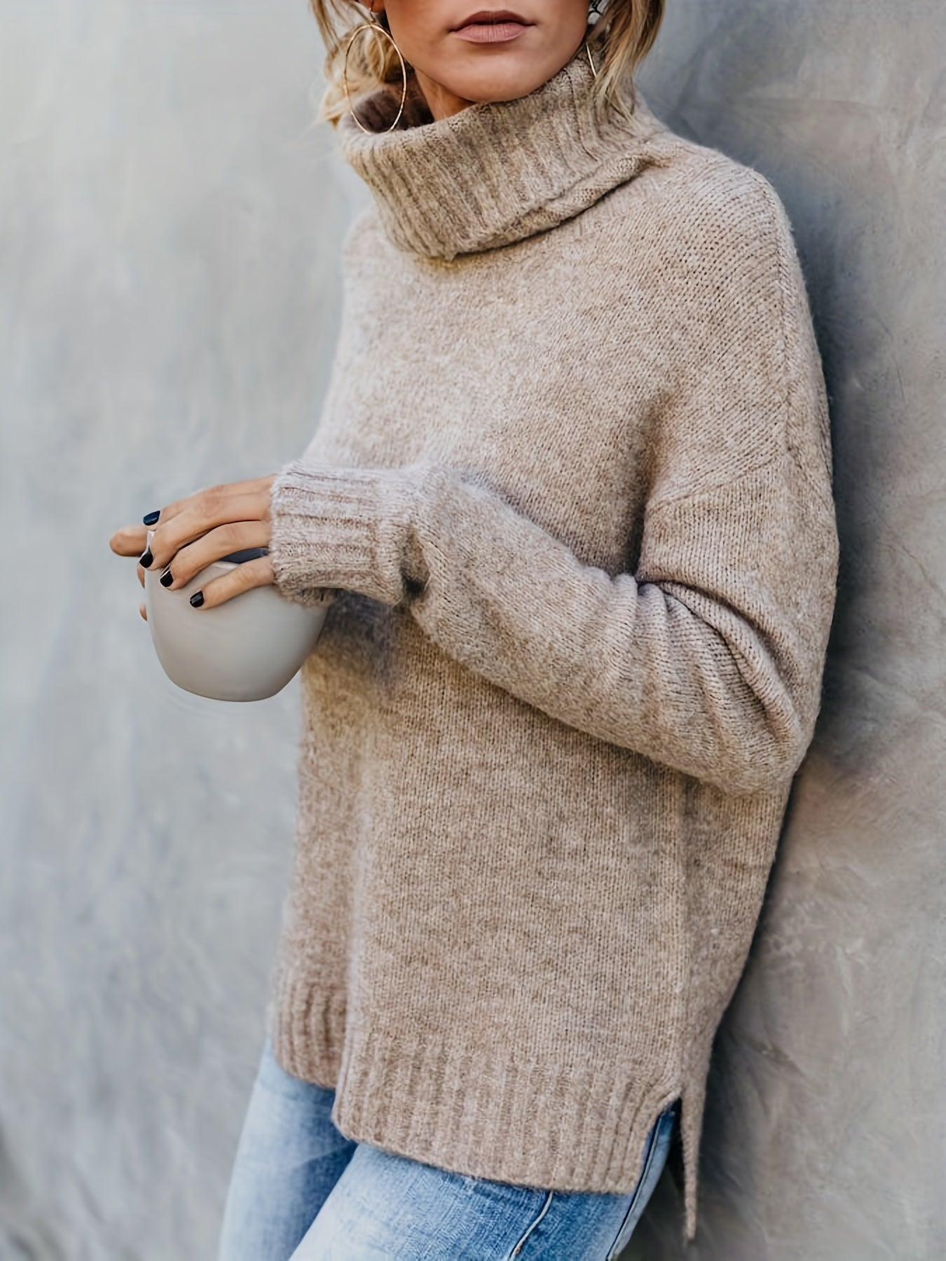 Trui met schildpadhals, Casual Split Sweater met lange mouwen