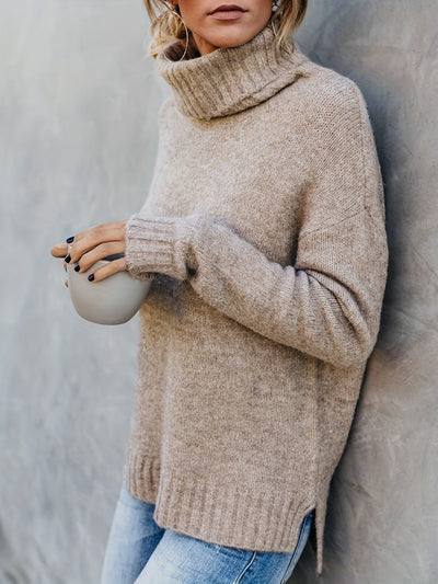 Trui met schildpadhals, Casual Split Sweater met lange mouwen