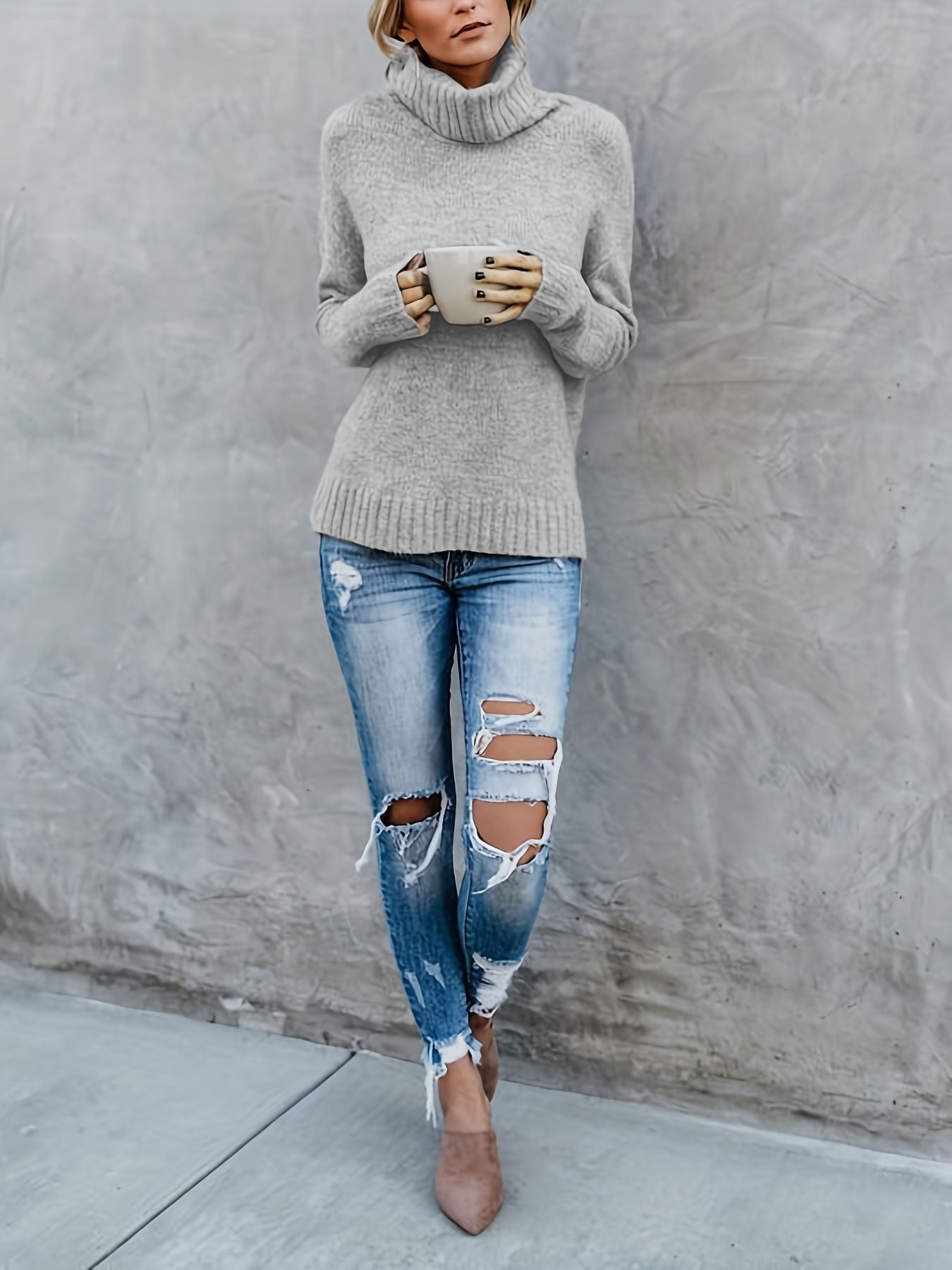 Trui met schildpadhals, Casual Split Sweater met lange mouwen