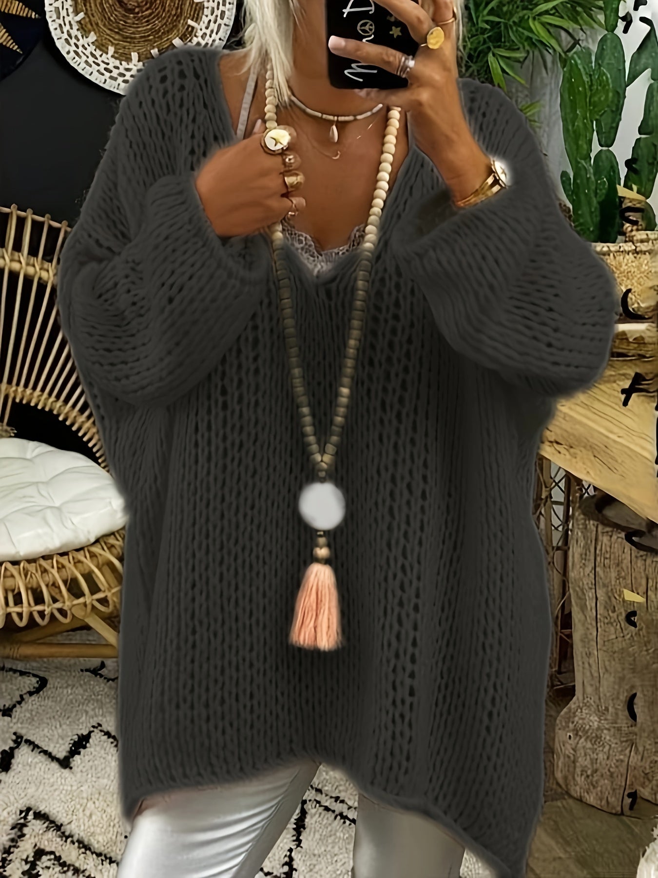 V Hals Pointelle Gebreide Trui Casual Lange Mouwen