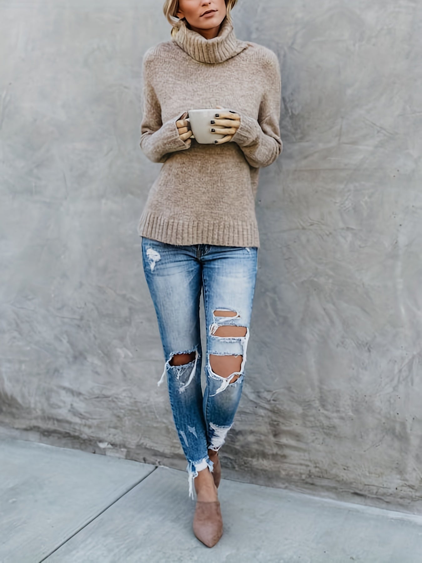 Trui met schildpadhals, Casual Split Sweater met lange mouwen