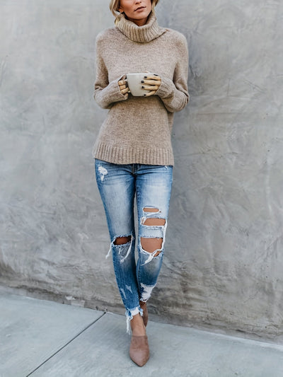 Trui met schildpadhals, Casual Split Sweater met lange mouwen
