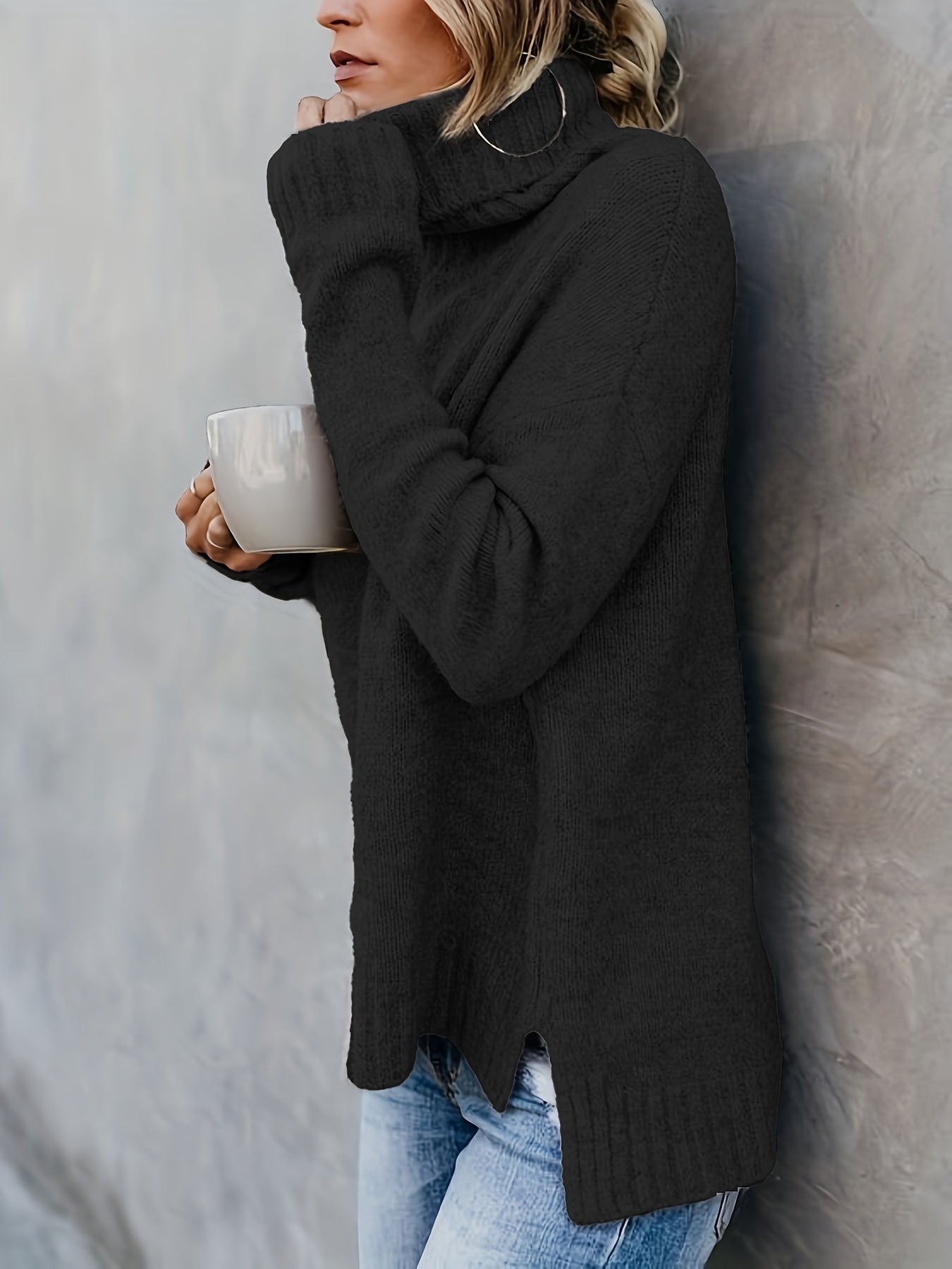 Trui met schildpadhals, Casual Split Sweater met lange mouwen