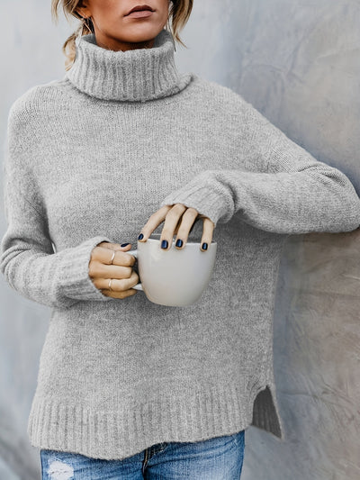 Trui met schildpadhals, Casual Split Sweater met lange mouwen